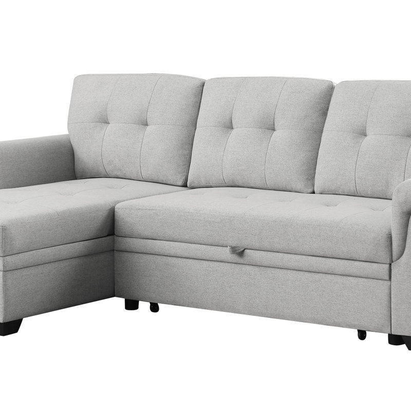 84" Linen Reversible Sleeper Sectional Sofa With Storage Chaise, Light Gray, Right Hand Facing