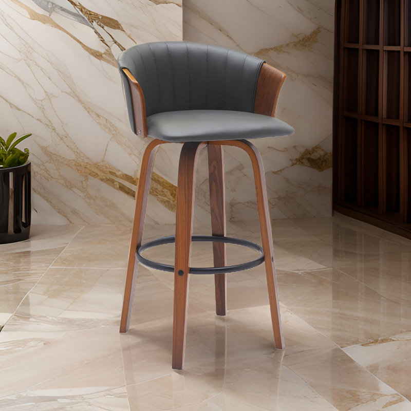 Boeschen Swivel Counter or Bar Height Upholstered Bar Stool with Arms and Footrest in Wood, Counter Stool (26” Seat Height)
