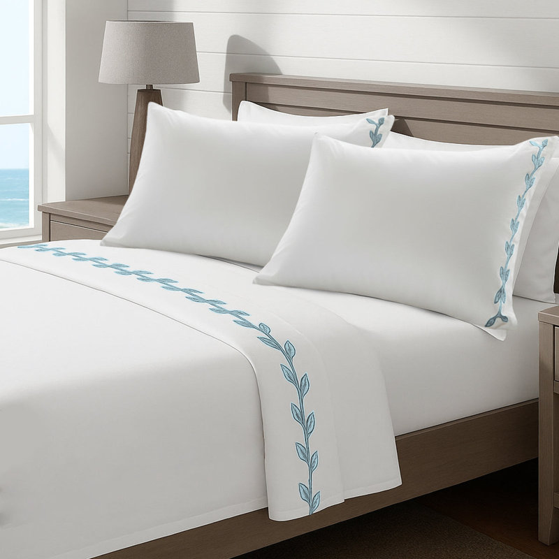 Layered Leaf Applique Cotton Sheet Set, Light Blue/White, California King Fitted Sheet