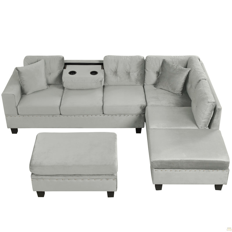 Canapé modulaire de 105 po avec repose-pieds avec rangement, canapé en L avec 2 coussins et porte-gobelets, canapé modulaire avec méridienne réversible
