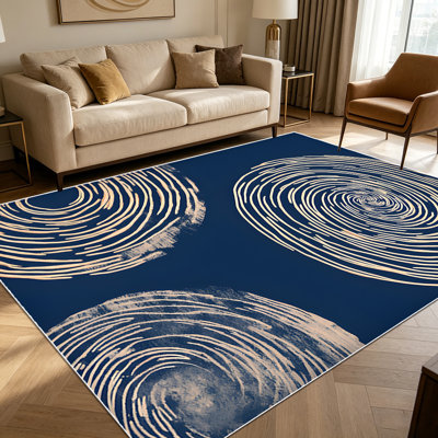 Tapis bleu marine abstrait en spirale géométrique 1pc pour le salon, doux et confortable, convenant à toutes les saisons, facile à entretenir, lavable à la machine, tapis de dessous de table convenant au salon, à la salle à manger, à la chambre à coucher,