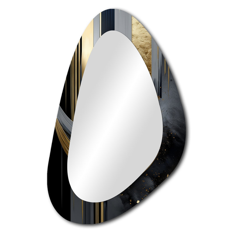 Depuy Abstract Blue Gold Vertical Wave - Geometric Asymmetrical Decorative Mirror, Modern Irregular Shape Wall Mirror, Printed Metal Art