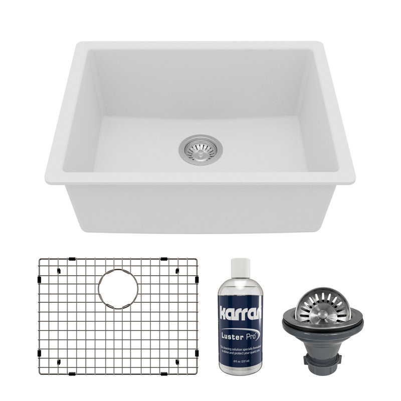 Karran Quartz 24-3/8'' X 19-1/8'' Single Bowl Undermount Kitchen Sink Kit, White