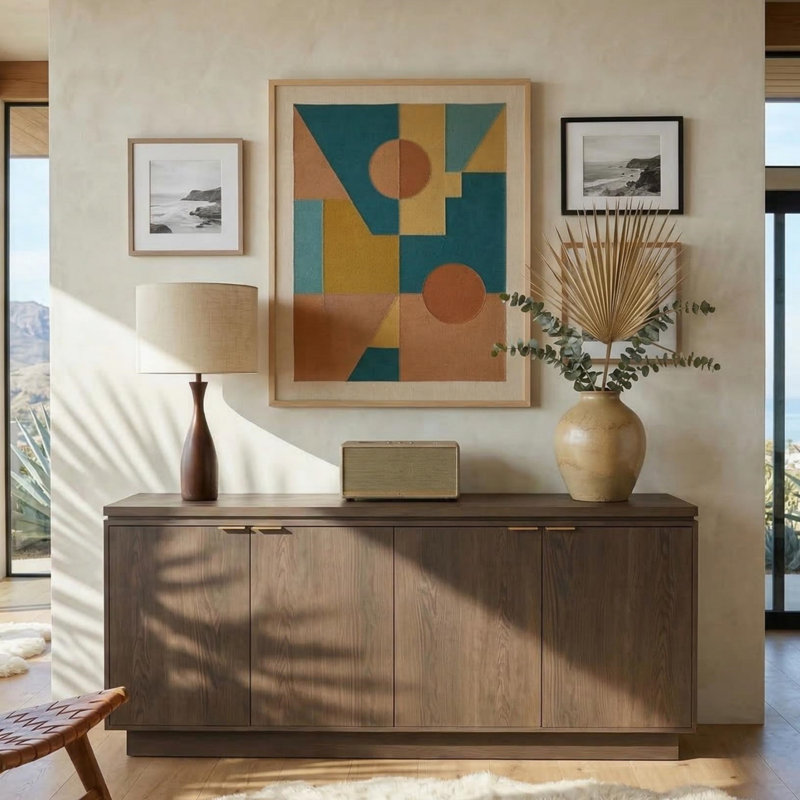 70"W Brown Modern 4-Door Wood Storage Sideboard Buffet, Brown, solid wood board foot