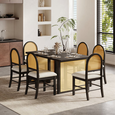 Ensemble de table de salle à manger de ferme pour salle à manger de 6 à 59,8 po avec placage de chêne vieilli et 6 chaises en rotin, mobilier de cuisine rustique pour la salle à manger (espresso) TREXM