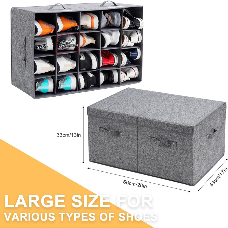 Organisateur de rangement pour chaussures pour garde-robe, grands bacs de rangement pour chaussures avec couvercle et séparateurs réglables pour chaussures, espadrilles et talons hauts, coque rigide et empilable (gris)