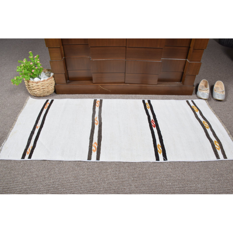 Tapis kilim à rayures rétro beige et turc tissé à la main en Turquie