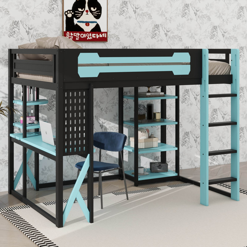 Lit mezzanine double en bois avec bureau, tablettes, prise d'alimentation et ports USB / Type-C, plus éclairage RVB, Bleu