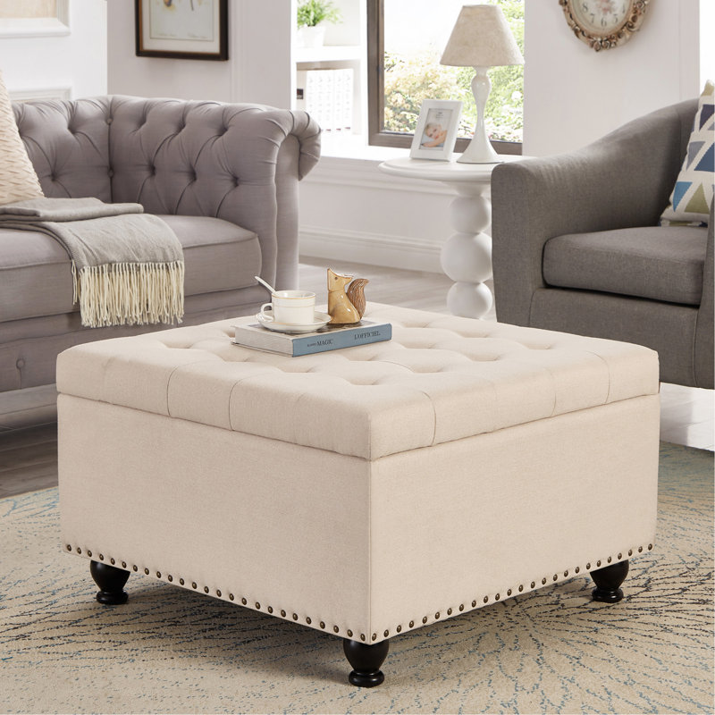 Grand repose-pieds carré avec rangement en bois, Beige