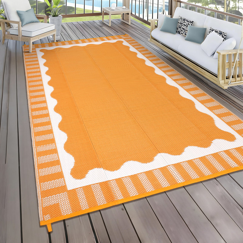Tapis d'extérieur réversible Modern Wave, tapis en plastique imperméable et résistant aux rayons UV, facile à nettoyer, orange / blanc, patio, jardin, terrasse, tapis de camping, 8 x 10 pi
