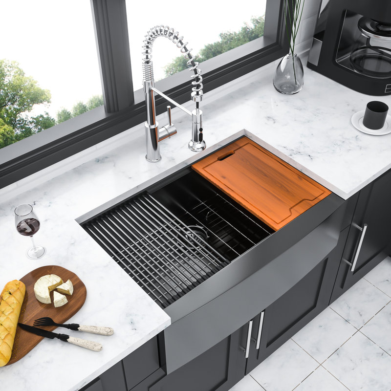Stainless Steel Gunmetal Black 33 Inch Apron Front Kitchen Sink Workstation, Silver, 18-Gauge