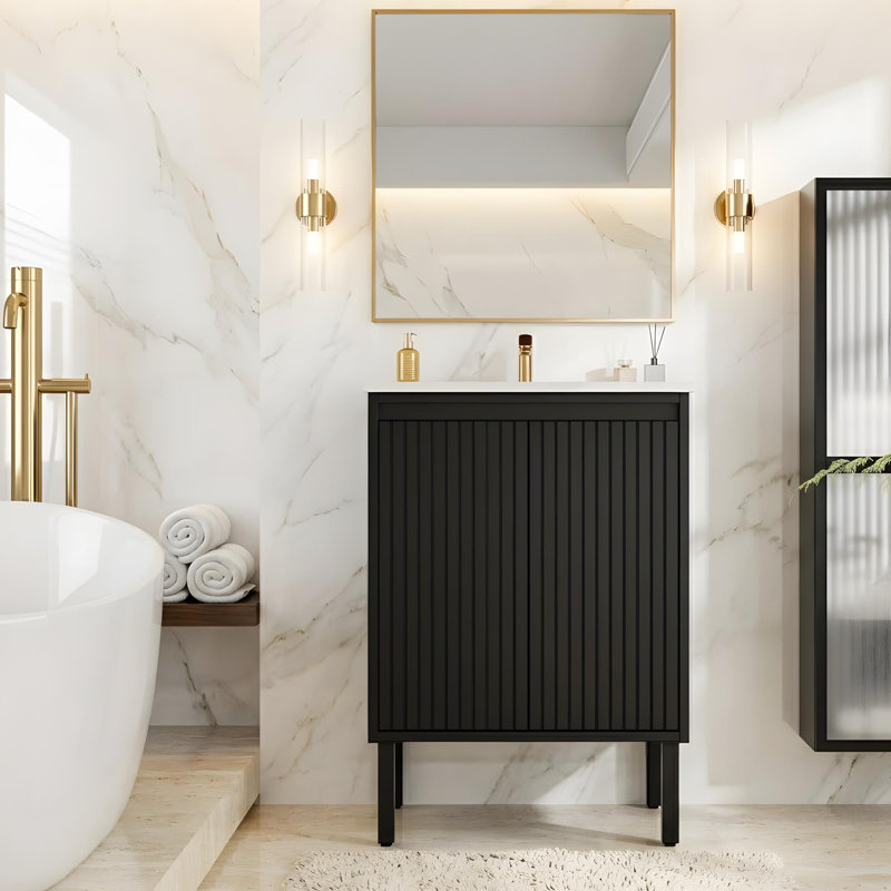 Meuble-lavabo autoportant avec lavabo en céramique, portes à fermeture en douceur et tablettes intégrées, Noir, 23