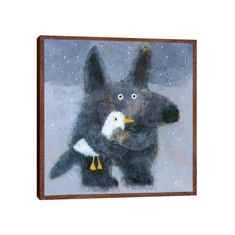 The Wolf Hugs The Duck by Natalia Shaloshvili - Painting on Canvas, Classic Brown Wood Framed