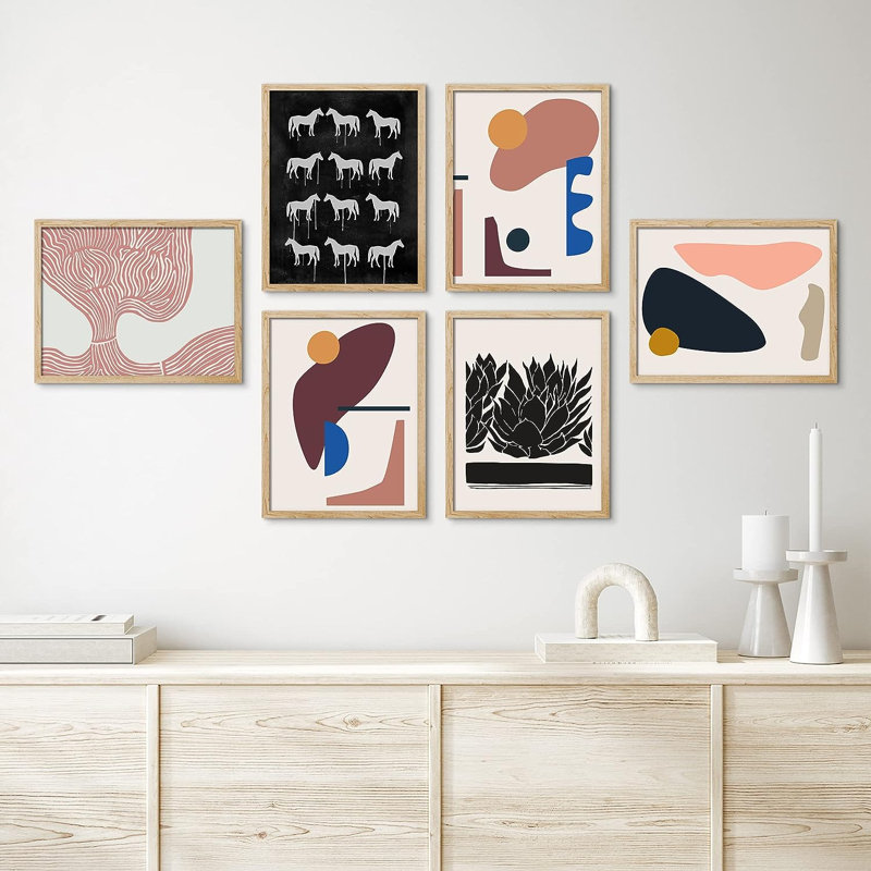 «Mid-Century Shapes Horses Black Plant», reproduction encadrée de 6 pièces, H 10 po x l 8 po x P 1 po, Naturel