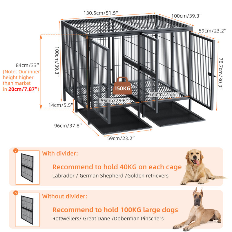 Duval 52" Dog Crate With Divider for 2 Large Medium Dogs