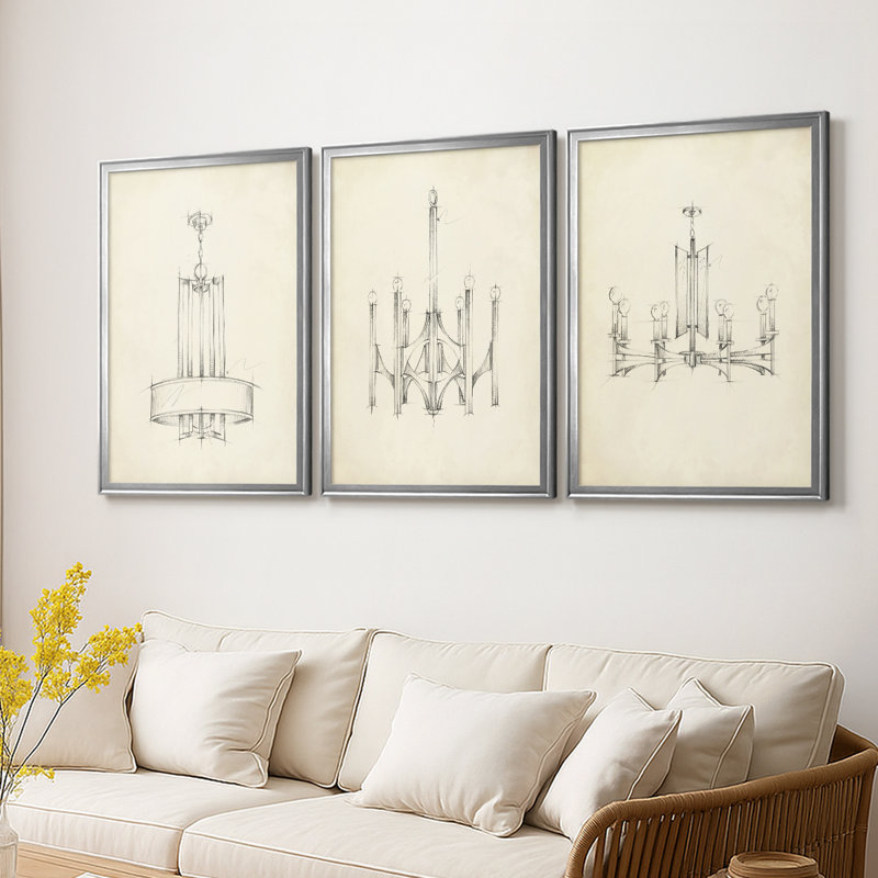 Lustre Mid-Century I - Toile tendue avec châssis sur mesure - 3 pièces, H 39 po x l 81 po, Argent argent