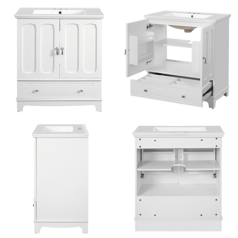 Meuble-lavabo moderne blanc de 30 po avec lavabo en céramique et rangement réglable, Blanc