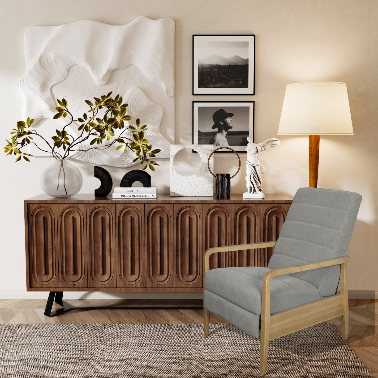 Modern Upholstered Solid Wood Recliner, Gray