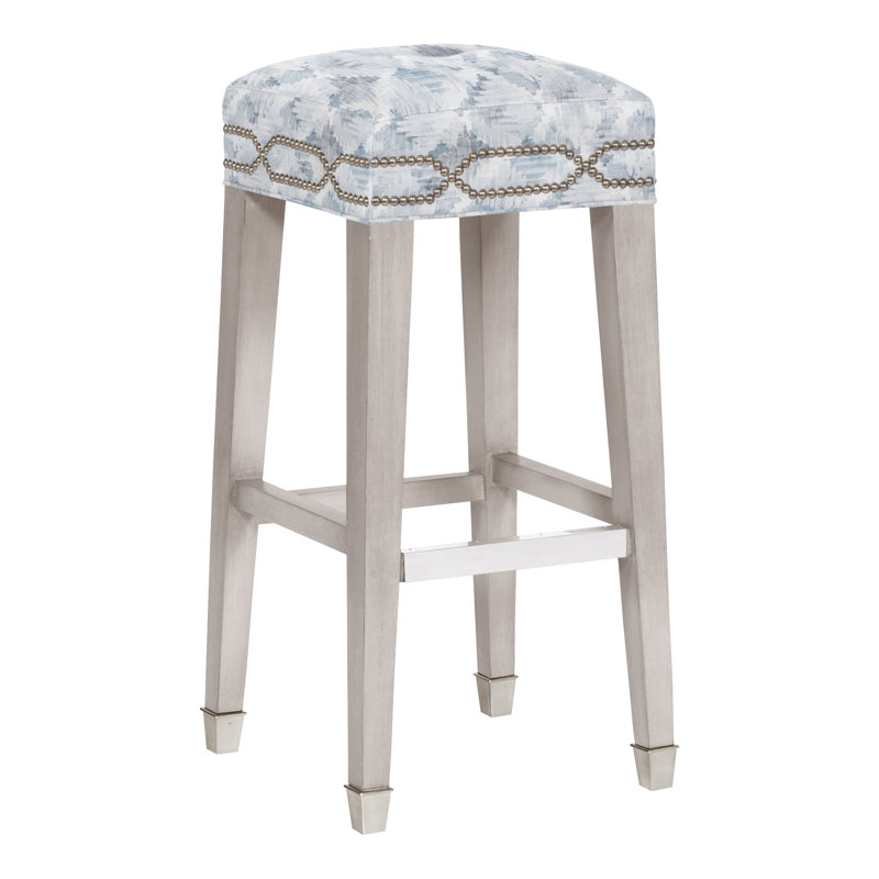 Marley Upholstered Bar Stool with Solid Wood Frame, Navada Blue, Dove Gray