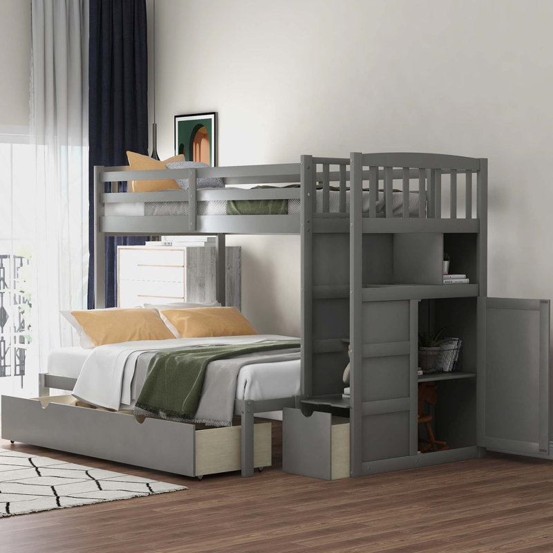 Lit superposé inférieur convertible avec tablettes et tiroirs de rangement, Gris