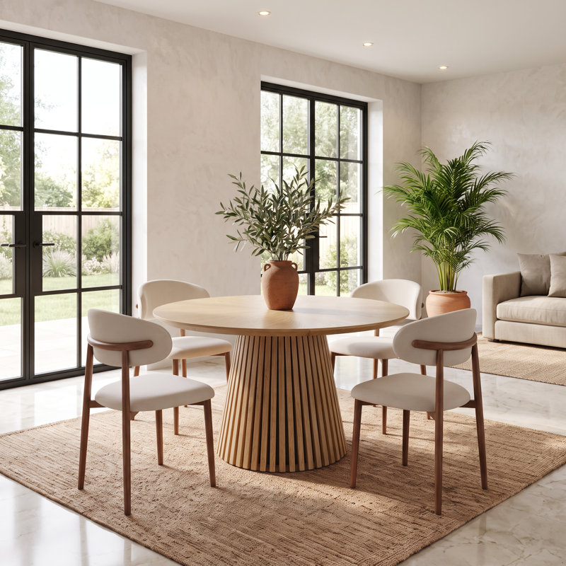 Ensemble de table de salle à manger ronde de 47 pouces avec 4 chaises rembourrées en chenille, Natural Wood, Noyer