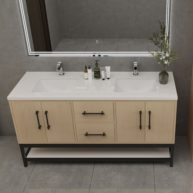 Victoria 60'' Wall-Mounted Vanity with Double Reinforced Acrylic Sink & Rack, Yellow Oak