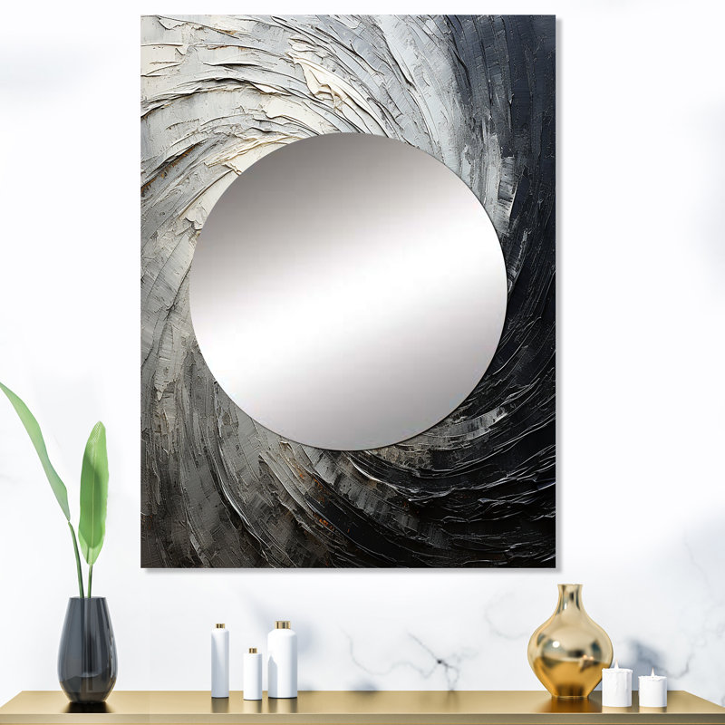 Leechburg Grey Black Meditative Movement - Abstract Spirals Wall Mirror, Gray Decorative Mirror, Printed Metal Art, 40" x 30"