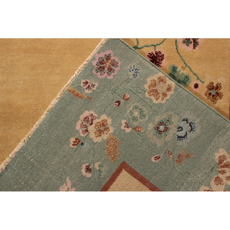 Rug & Kilim’S Chinese Style Art Deco Rug In Green And Beige-Gold Floral Pattern, Rectangle 13' x 19'