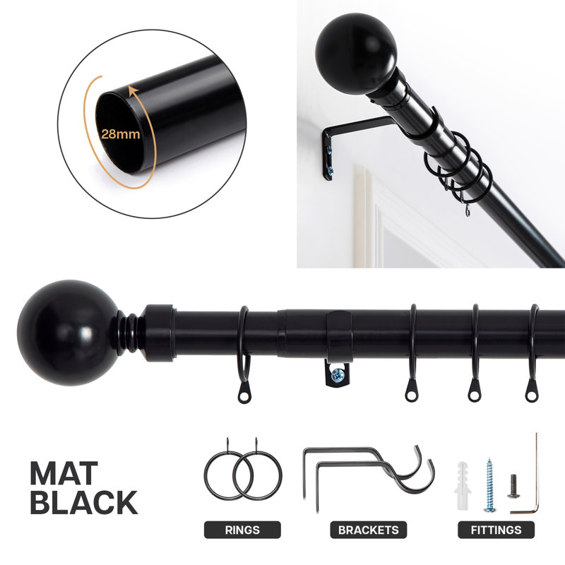 Heavy-Duty Adjustable Curtain Pole with Finials, 160-300cm, Matte Black