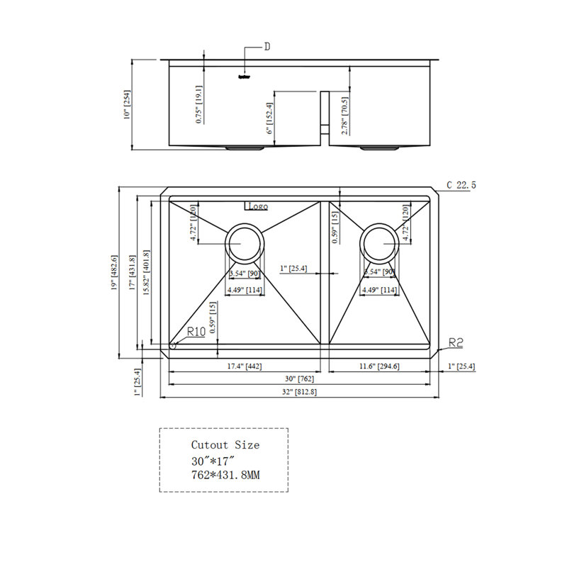 Double Bowl Undermount Sink- 32"X19"X10" Double Bowl Kitchen Sink 16 Gauge With Two 10" Deep Basin