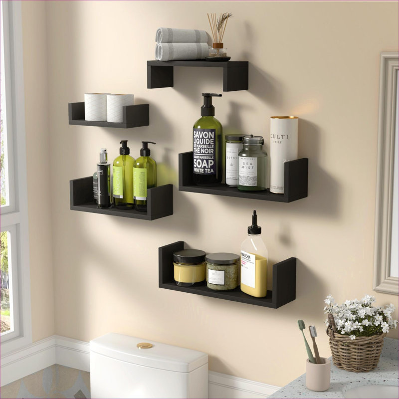 Ensemble de 5 tablettes murales flottantes minimalistes, rangement et décoration de maison multi-pièces, bois noir