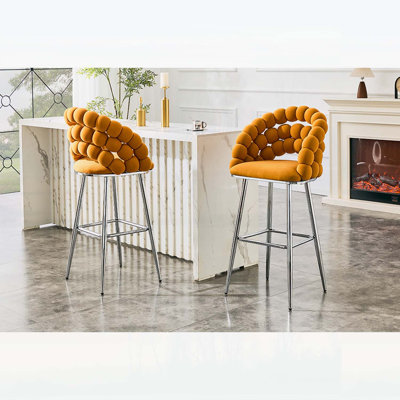 Modern Cloud Padded Counter Height Bar Stools, Set of 2, Velvet Upholstered with Chrome Metal Legs, Orange