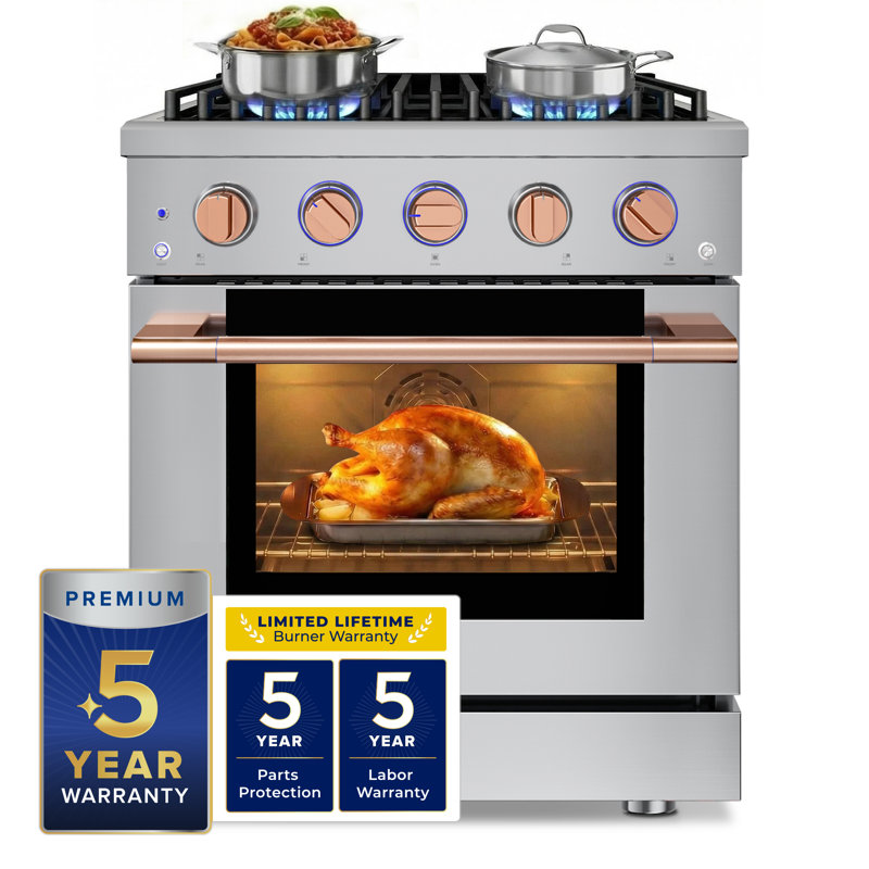 Hauslane 30" Dual Fuel Range In Stainless Steel | 4 Burners Up To 20,000 Btus | 4.2 Cu. Ft. Convection Oven With 5 Rack Positions | Convertible Ng/Lp | Cool-Touch Triple-Layer Door Rose Gold