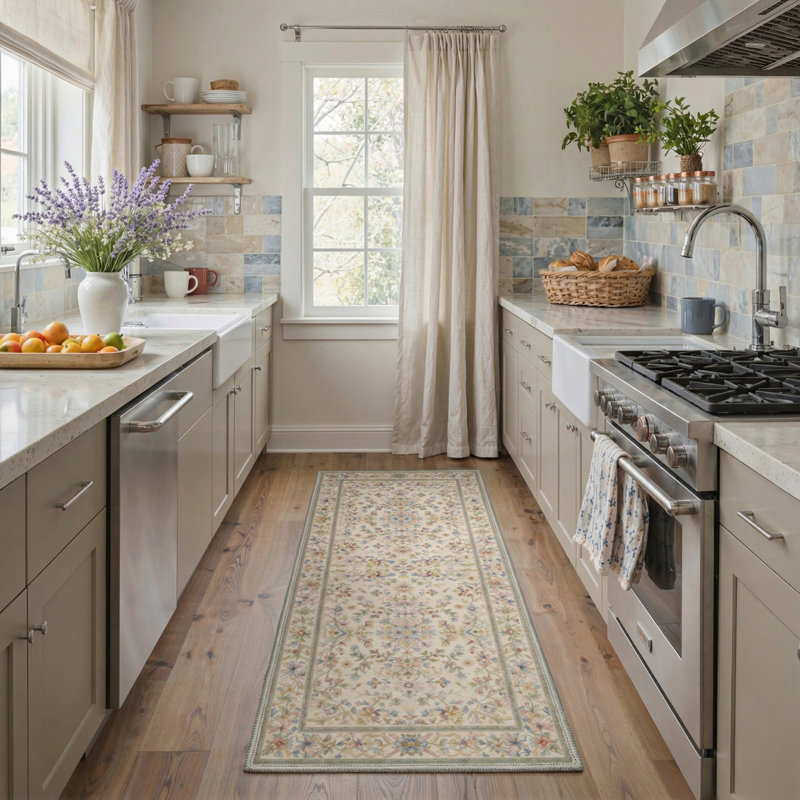 Allsop Aura Floral Machine Washable Blue / Pink / Green / Beige Indoor Area Rug with Non-Slip Backing, Runner 2' x 6'