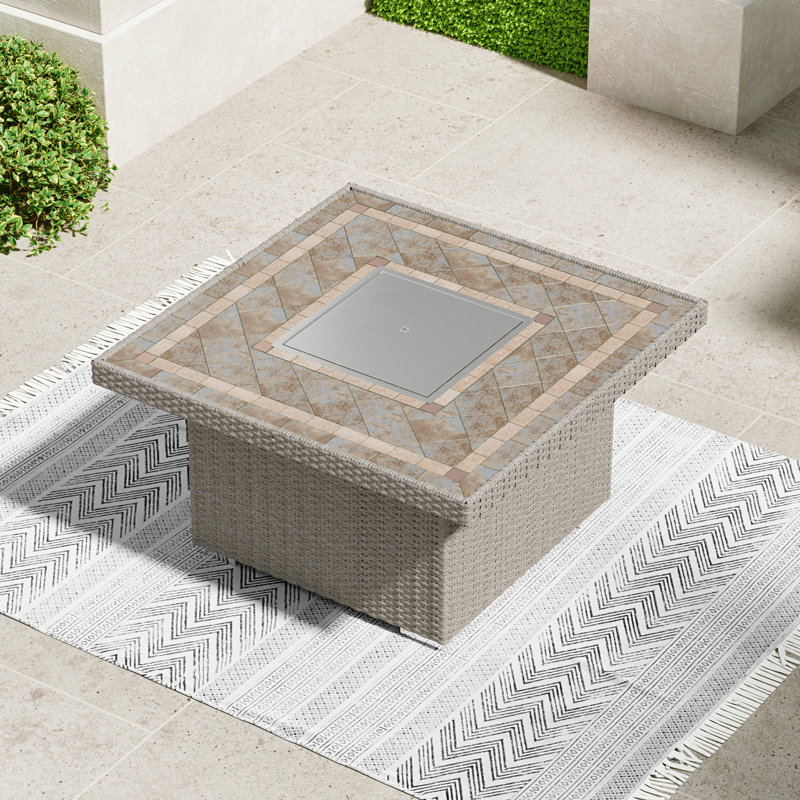 Propane Outdoor Fire Pit Table With Ceramic / Tile Top & Wicker Base and Hidden Fuel Tank Storage, Light Gray