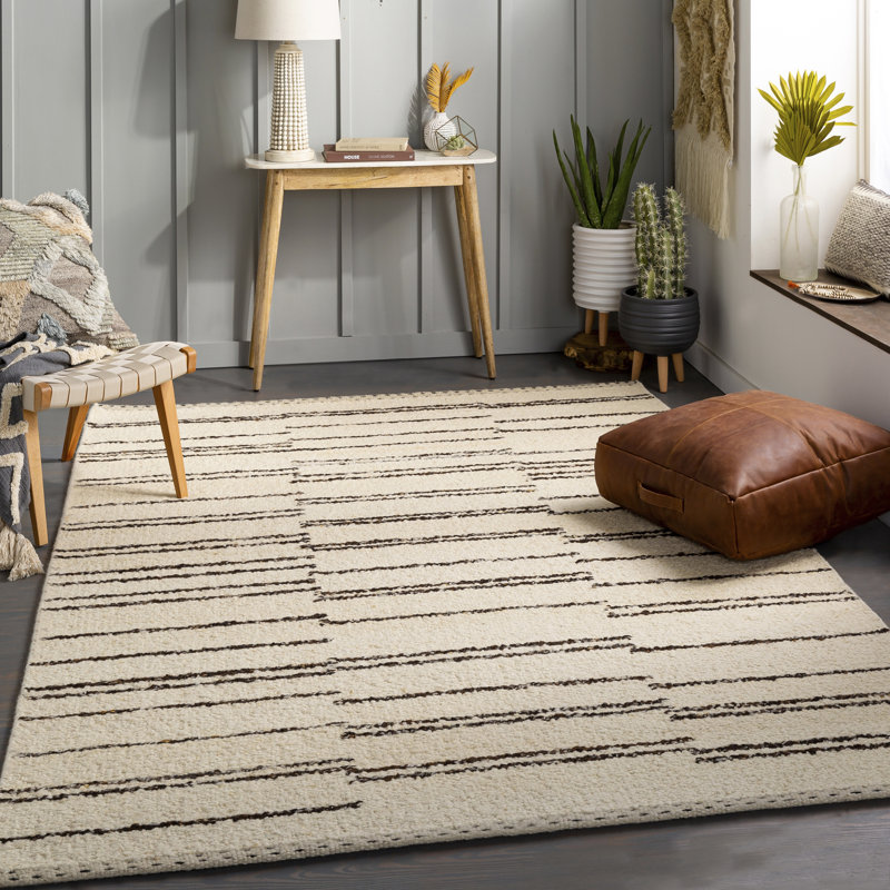 Alexuss Mae Striped Handmade Flatweave Wool Gray/Cream Area Rug, Rectangle 10' x 14'