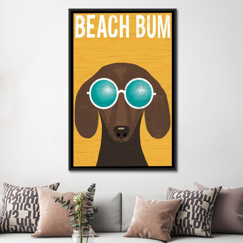 « beach bums series : teckel ii », reproduction d’impression sur toile, H 26 po x l 18 po x P 1,5 po, Toile avec cadre noir