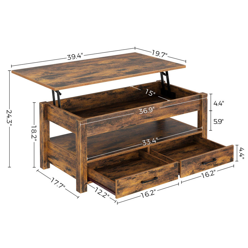 Eoghan Lift Top Coffee Table with 2 Drawers, Rustic Brown, 18.2" H x 39.4" L x 19.7" W