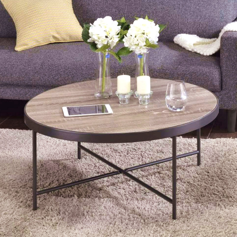 Table basse ronde en bois avec structure en métal, chêne gris vieilli