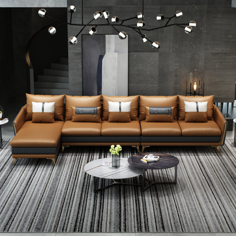Ellaville Upholstered Sectional, Camel/Dark Gray Genuine Leather, Left Hand Facing