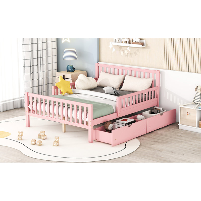 Lit plateforme en bois rose avec garde-corps et rangement pratique, Lit double, Rose
