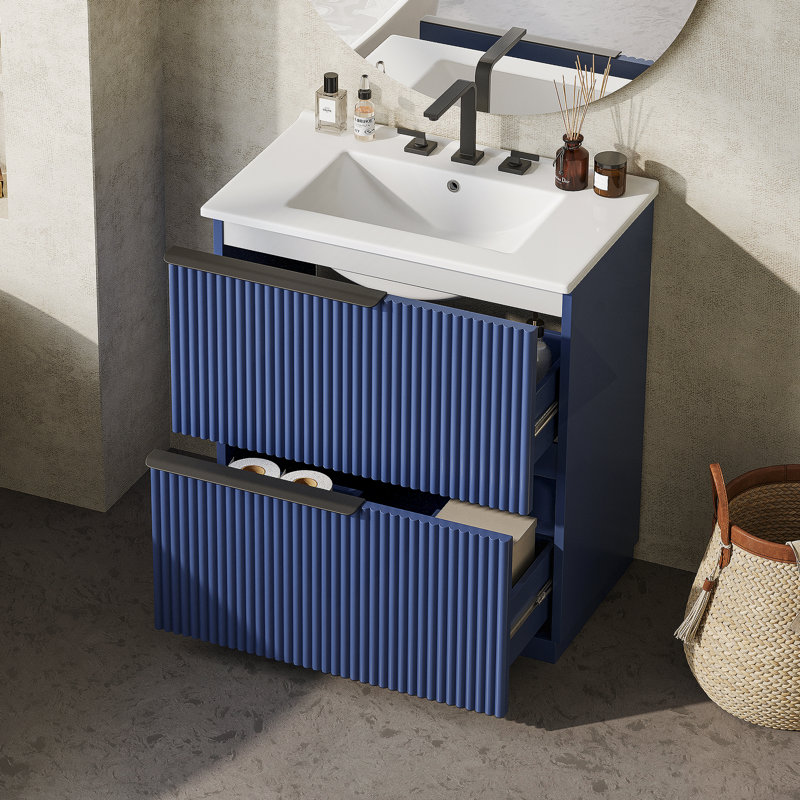 Meuble-lavabo autoportant avec lavabo en céramique et tiroirs pleine extension, glissières de tiroir à fermeture en douceur et conception cannelée pour une salle de bain moderne