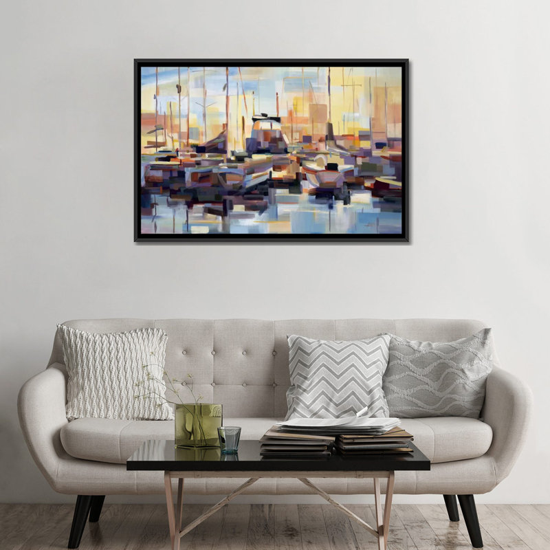«Bateaux», reproduction sur toile, Toile avec cadre noir, Pas de tapis, H 32 po x l 48 po x P 1,5 po