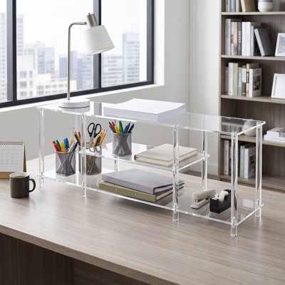 Meuble télé à 3 niveaux en acrylique poli transparent, 111,3 cm (L) × 30 cm (P) × 41,9 cm (H), style moderne avec étagères ouvertes, console multimédia, capacité totale de 15 kg, meuble de rangement autoportant pour salon ou chambre.