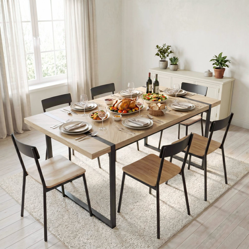 Modern Industrial 59" Rectangular Dining Table With Black Metal Legs And Engineering Wood Top, Natural Wood