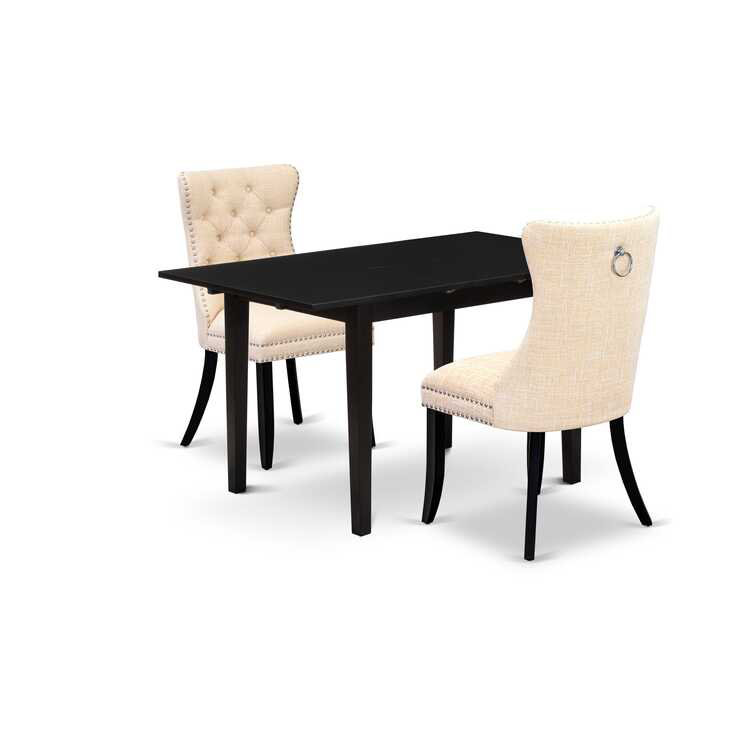 3-Piece Rectangular Solid Wood Top with Butterfly Leaf Dining Table Set, Black, Beige