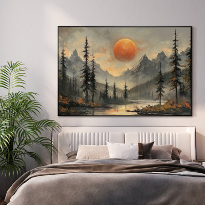 Extra Large Wall Art Fabric Print - Mountain Sunset with Red Sun Dramatic Landscape for Lodge or Artwork Decor for Living Room or Bedroom - "Frame Assembly Required (Unfinished Frame)"