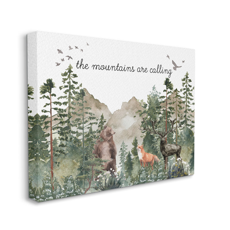 «Mountains Are Calling Wilderness Animals Woodlands Trees», impression numérique sur estampe numérique par Amy Brinkman