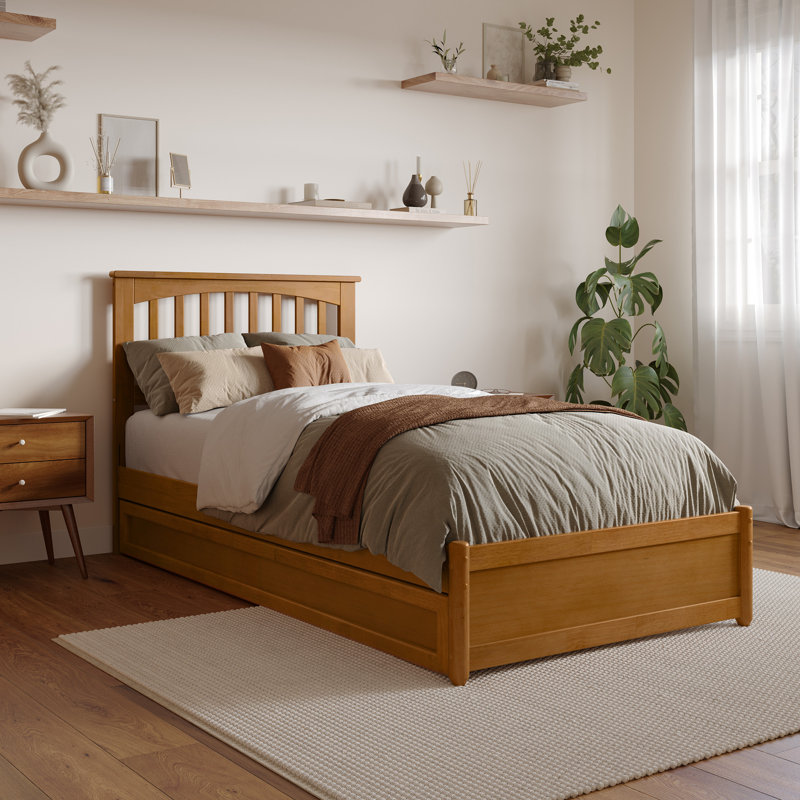 Lit plateforme en bois massif Asparas avec pied de lit et lit gigogne, Caramel clair, Simple TG