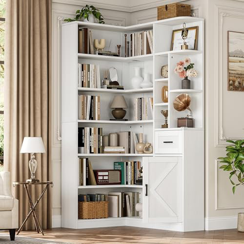 Bibliothèque de coin de 74 po de hauteur - bibliothèque à 6 niveaux avec tiroir et armoires, bibliothèque en L, Blanc